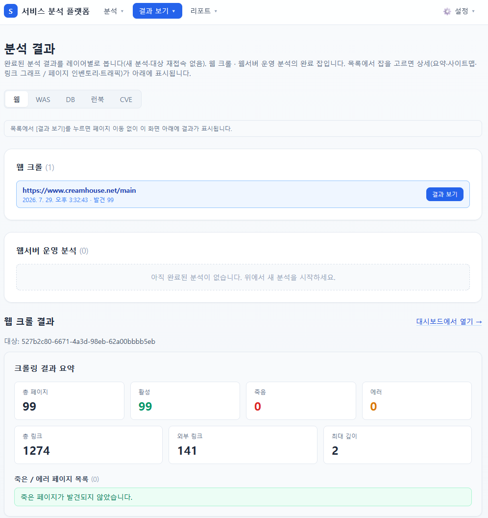 서비스 분석 플랫폼 웹 분석 결과 화면